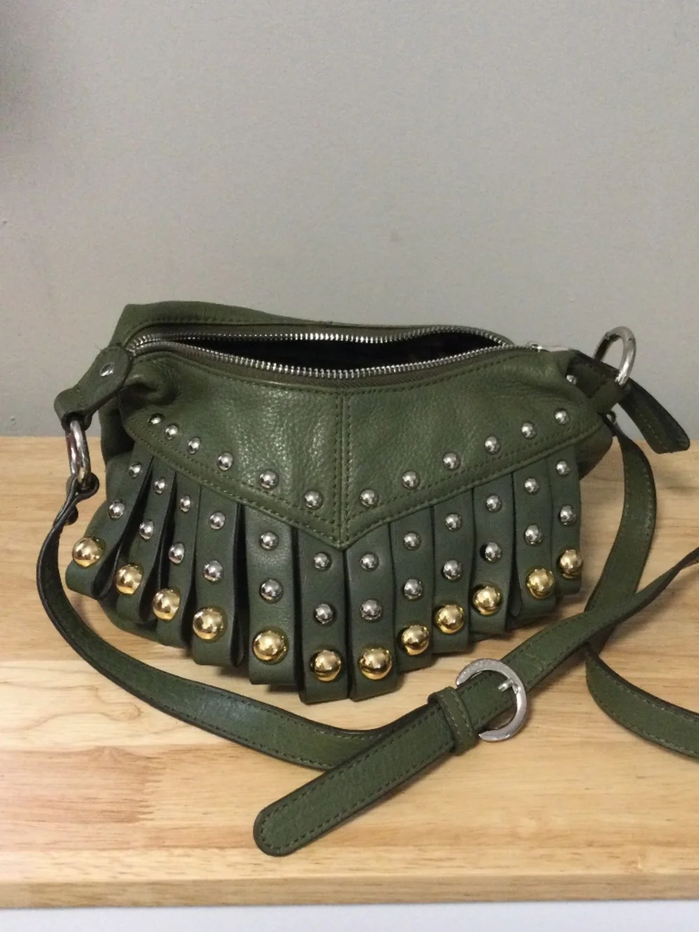 B. Makowsky Olive Green Leather Studded Hobo Crossbody Bag